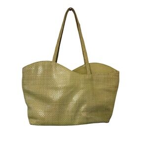 Vintage BONS QUINA Olive Green Leather Tote Made in Spain Woven Boho Y2K Bag